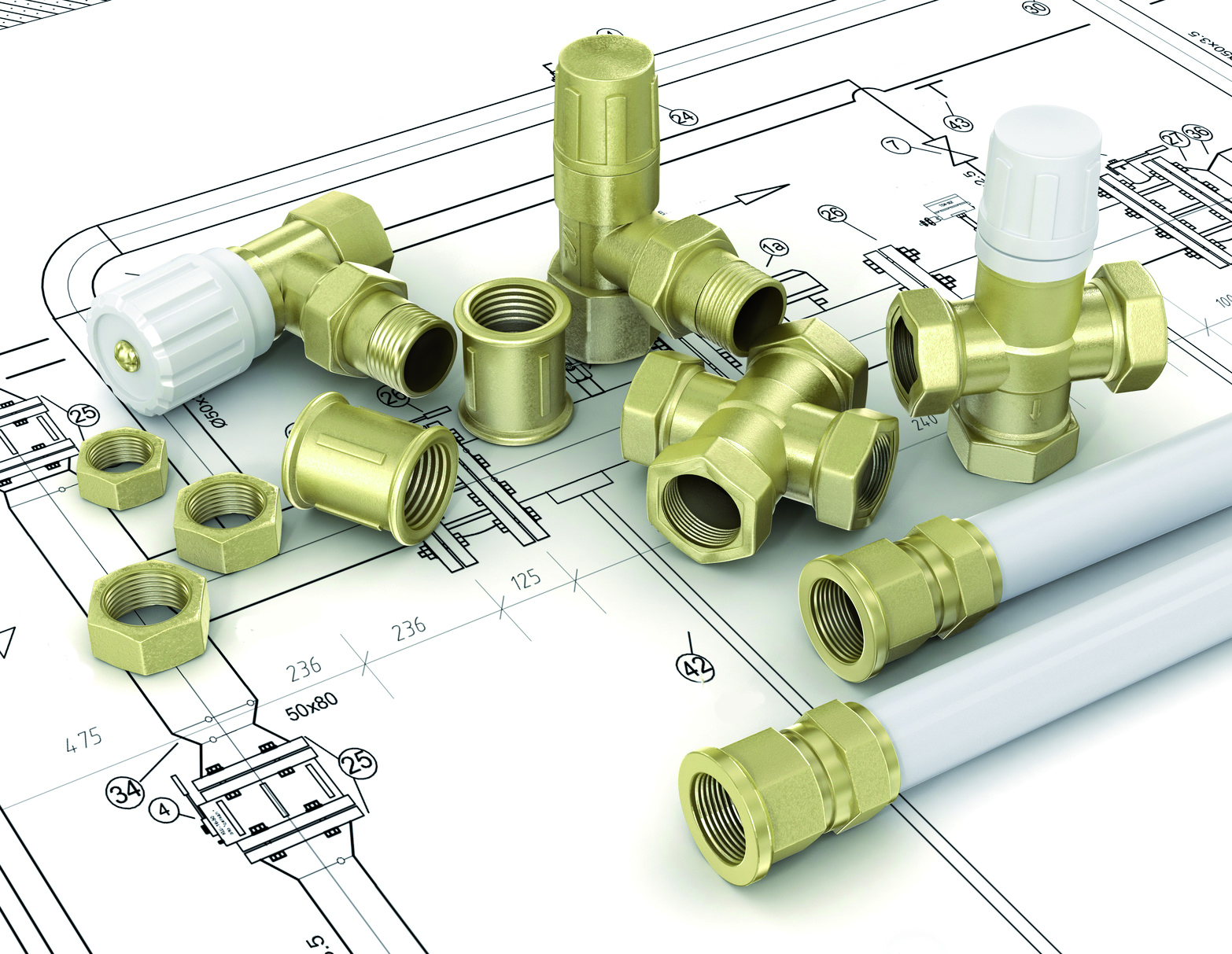 zawory leżące na planie instalacji wodnej